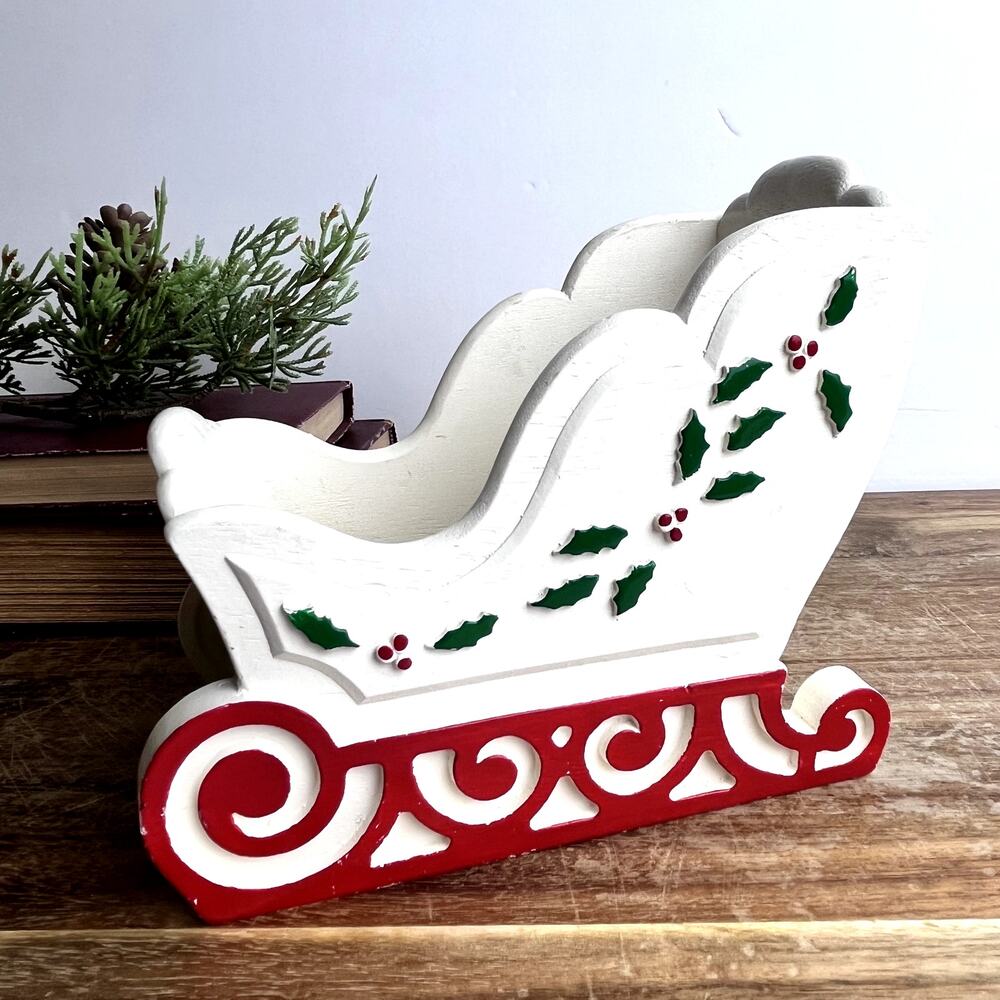 Vintage FTD Painted Wood Sleigh Embossed Details Holly 1985 USA White Red Green